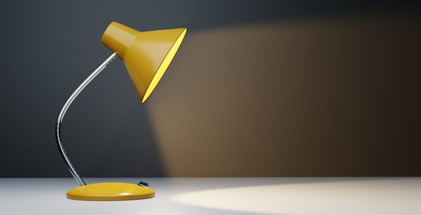 Yellow desk lamp with a light cone shining spot light on the table. Illustration for copy space background